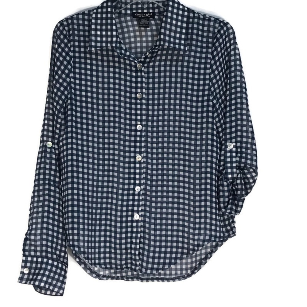 About a Girl Sheer Button up Shirt Gingham Navy White Womens Size Small
